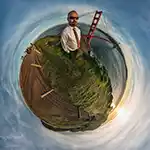 Planet view of Eli in front of Golden Gate Bridge